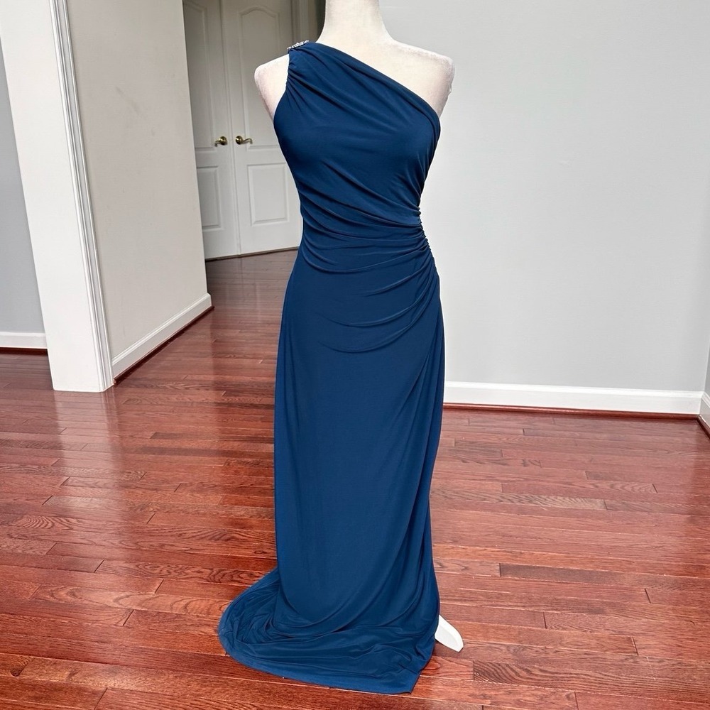 Lauren Ralph Lauren Evening One Shoulder Dark Blue Bodycon Ruched Gown Dress